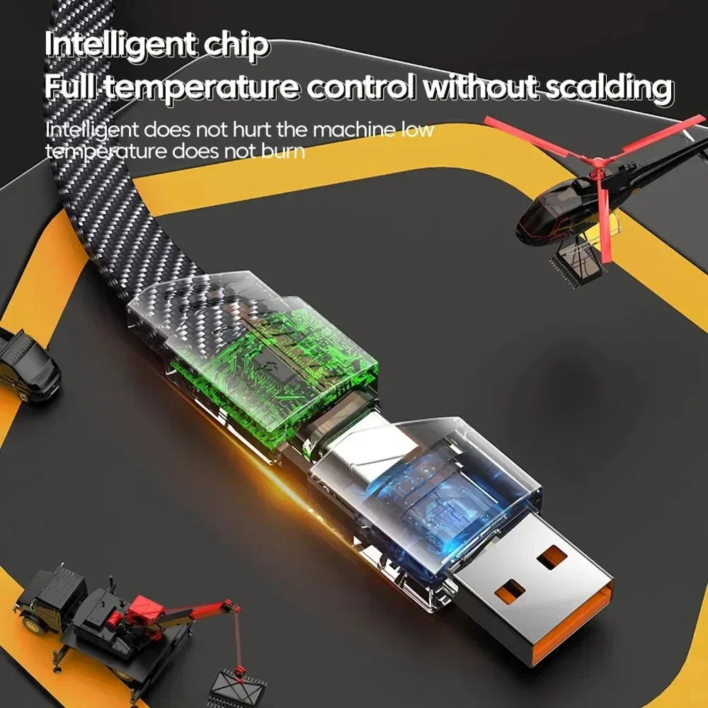 Futuristic USB cable with transparent casing showcasing colorful circuits. Surrounded by miniature construction vehicles and a helicopter, text highlights intelligent chip and temperature control.