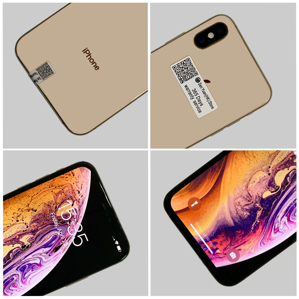 Four images of a gold smartphone: two show the back with QR code stickers, two display the front with a colorful abstract wallpaper and the lock screen time at 10:35.