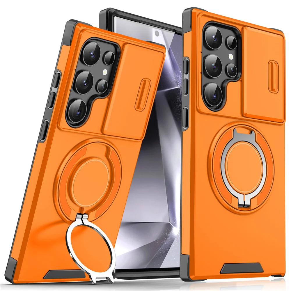 Orange phone cases with camera lens covers and built-in kickstands, displayed on smartphones. The case features precise cutouts for camera and buttons, providing protection and functionality.