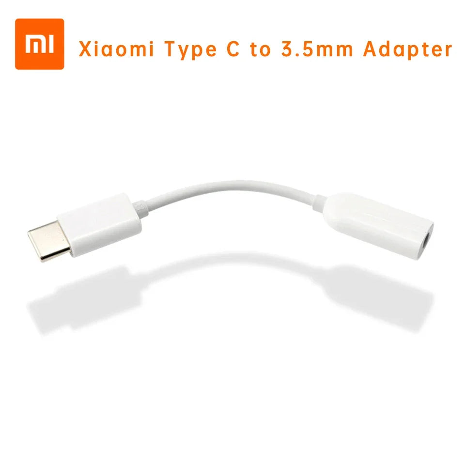 White Xiaomi Type C to 3.5mm adapter cable with brand logo and text above, featuring Type C plug and 3.5mm audio jack.