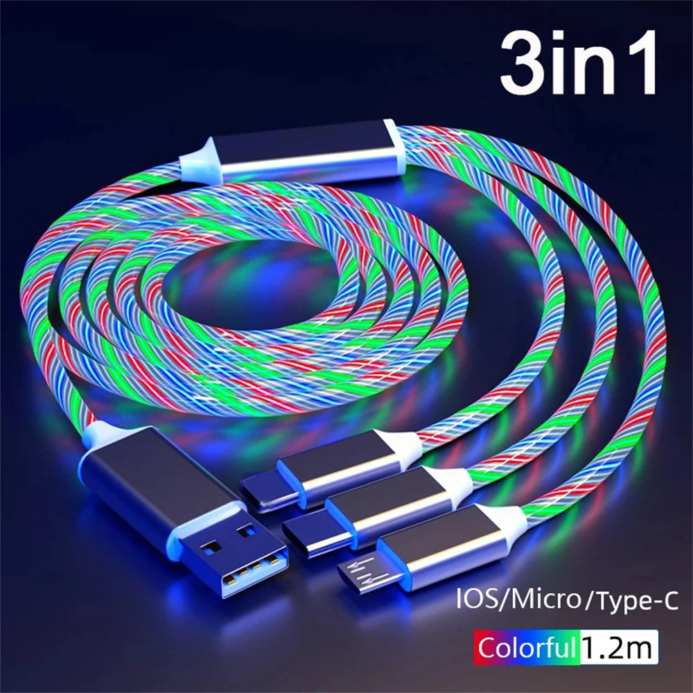 A colorful 3-in-1 charging cable with Type-C, Micro USB, and iOS connectors. The glowing, braided cable is 1.2 meters long, featuring red, green, and blue lights.