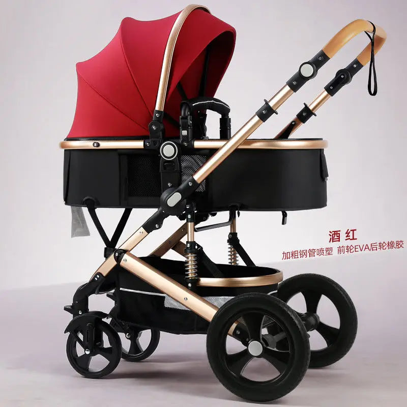 A modern baby stroller with gold frame, black base, and red canopy. Features large black wheels, adjustable handlebar, and a mesh storage basket underneath.