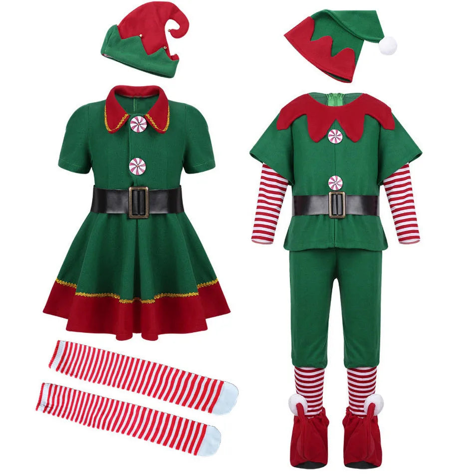 Two elf costumes: one dress and one pants set, both in green and red with candy buttons. Includes striped socks, hats, and shoes with white pom-poms.