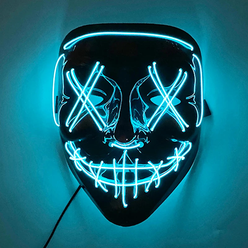 A black face mask with glowing blue neon outlines, featuring Xs over the eyes and a stitched smile, creating an eerie and futuristic appearance.