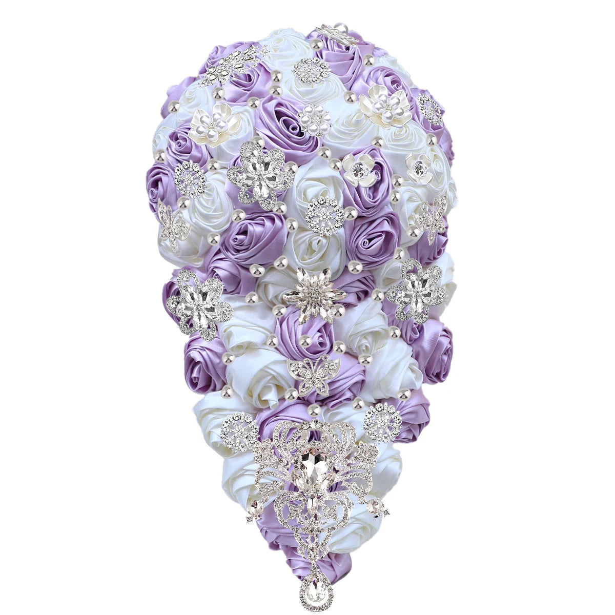 A cascading bouquet of purple and white satin roses adorned with sparkling rhinestone brooches and pearls, forming an elegant and intricate floral arrangement.
