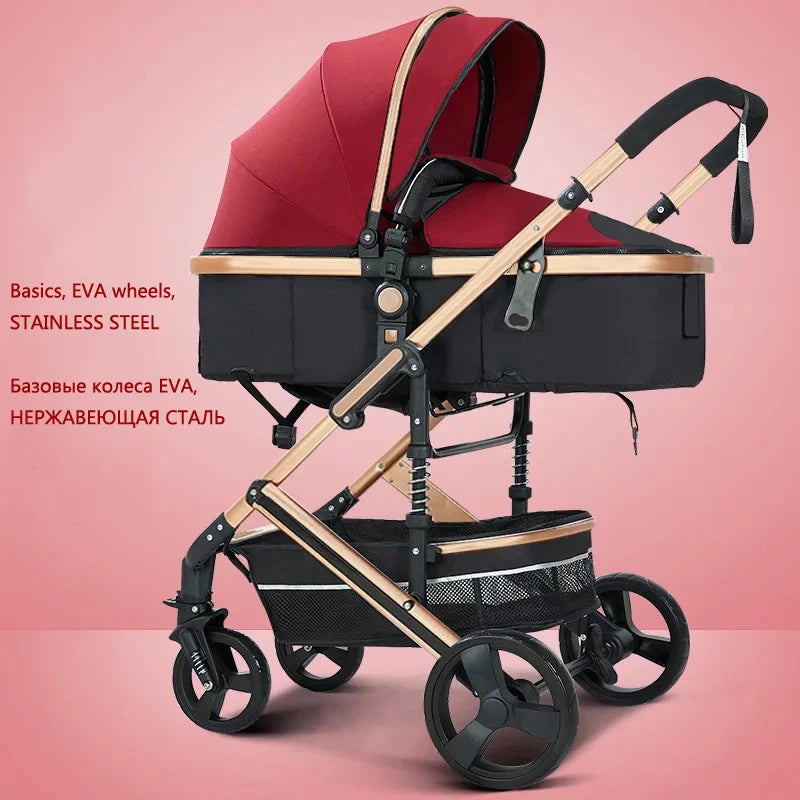 Red baby stroller with a black base and stainless steel frame on a pink background. Features EVA wheels and a black handle. Text in two languages highlighting key features.