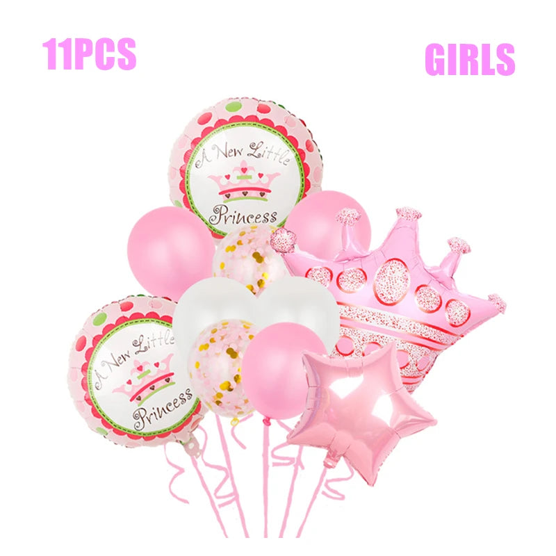 Pink and white balloon set with a crown and star, featuring "A New Little Princess" print. The set includes 11 pieces designed for a baby girl's celebration.