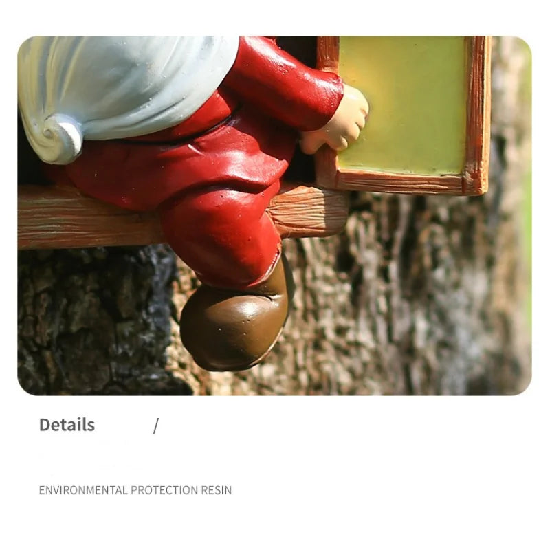 Close-up of a garden gnome figurine with a white beard, red outfit, and brown shoes, sitting on a tree trunk ledge, made from environmental protection resin.