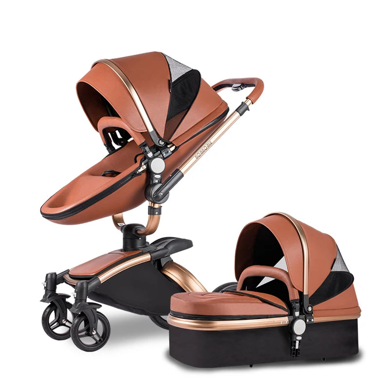 Brown and black baby stroller with a sleek design, featuring a detachable bassinet and adjustable canopy. The frame is metallic with four wheels designed for smooth mobility.