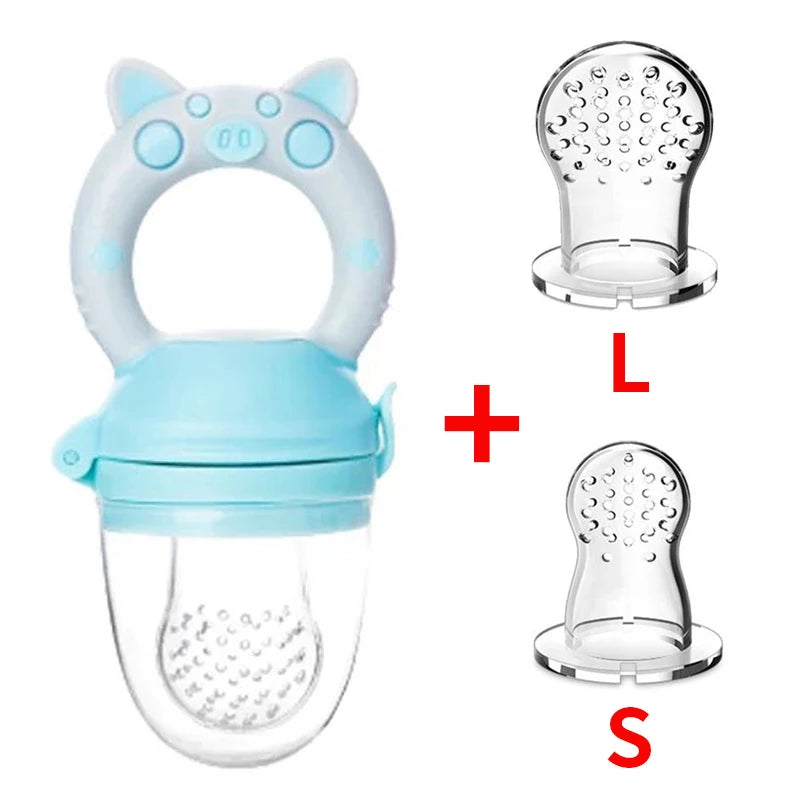 Baby fruit feeder pacifier with a blue handle and transparent net for safe feeding. Includes two detachable silicone nipples in large and small sizes, shown with red "L" and "S" labels.
