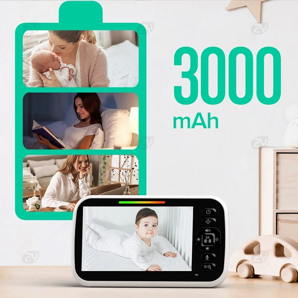 Image shows a baby monitor displaying a baby on the screen. A green battery icon with 3000 mAh text features three images: a mother with a baby, a woman reading, and a woman working.