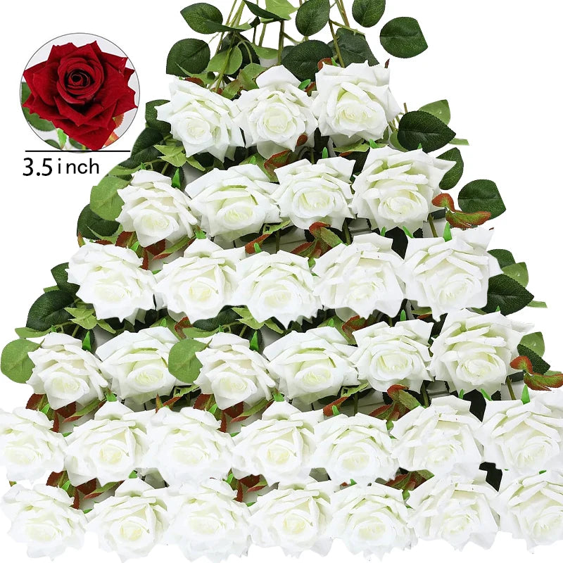 A pyramid of artificial white roses with green leaves, featuring a close-up inset of a red rose. The roses are 3.5 inches in diameter.