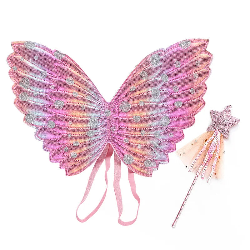 Pink and orange butterfly wings with silver polka dots and ribbons, paired with a glittery star wand topped with tulle and sequins.
