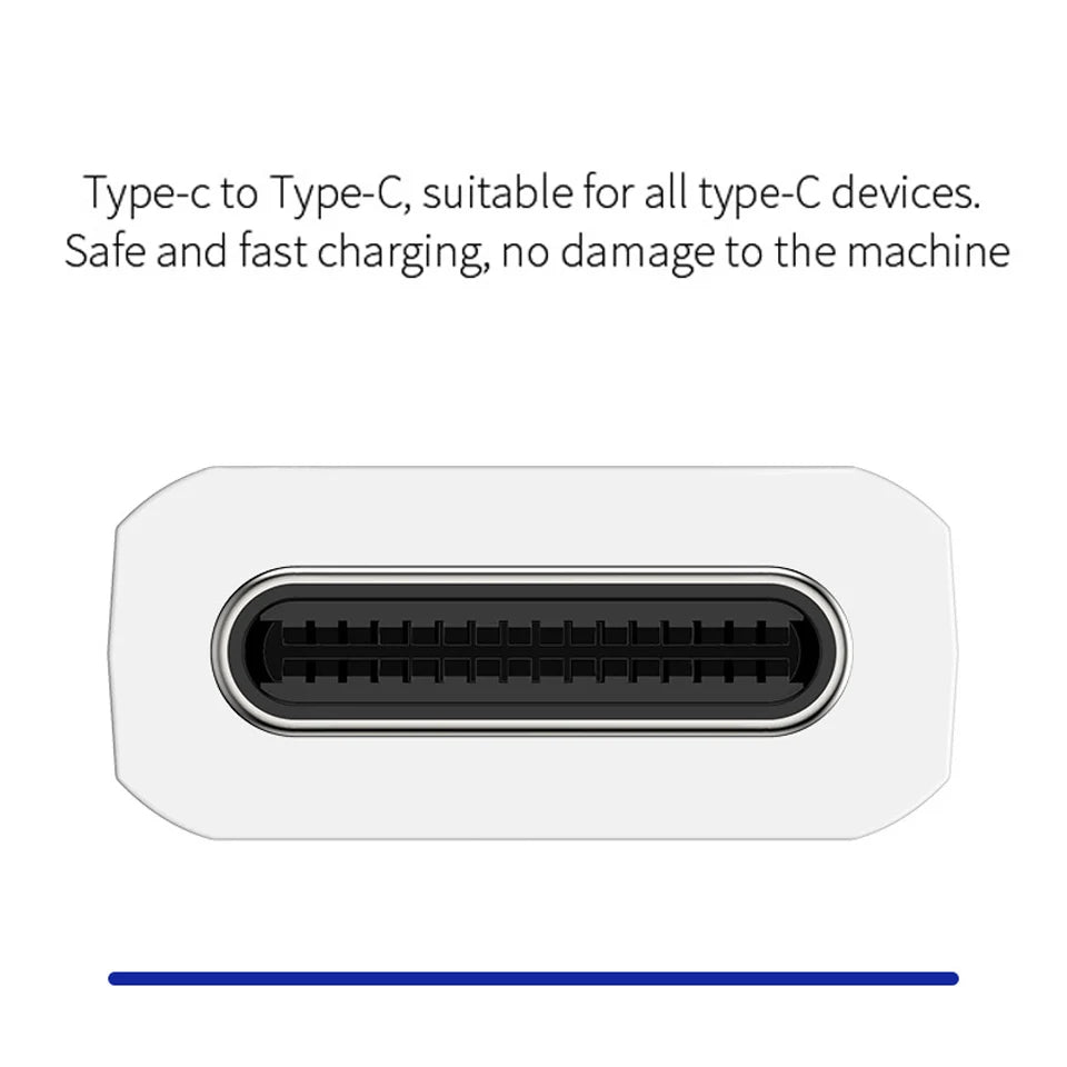 Close-up of a Type-C port on a white background. Text above reads: "Type-C to Type-C, suitable for all Type-C devices. Safe and fast charging, no damage to the machine."