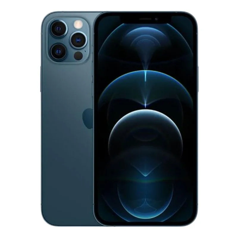 Sleek smartphone with a dark screen displaying abstract patterns, featuring a triple-camera setup on the rear.