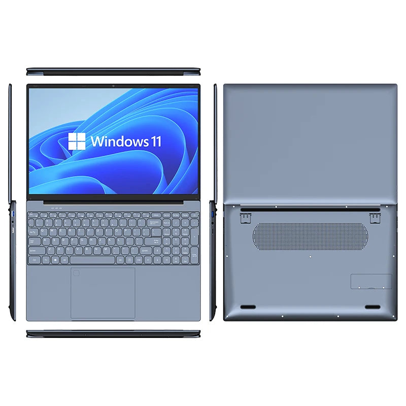 Top and bottom views of a sleek blue laptop running Windows 11. The laptop is open, displaying the screen and keyboard layout, with side profiles shown for thickness.
