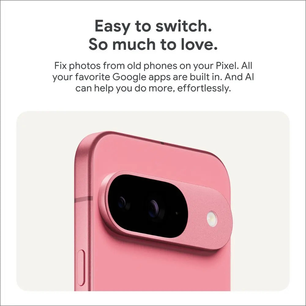 Pink smartphone with dual-camera setup and flash. Text above highlights switching ease, Google app integration, and AI capabilities for effortless use.