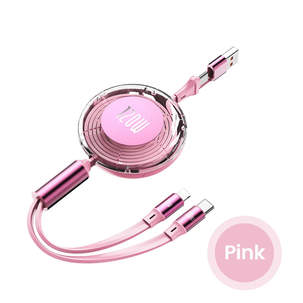 Pink retractable USB charging cable with dual connectors and a coiled design, labeled "120W". Features both USB-C and Lightning connectors, positioned on a white background.