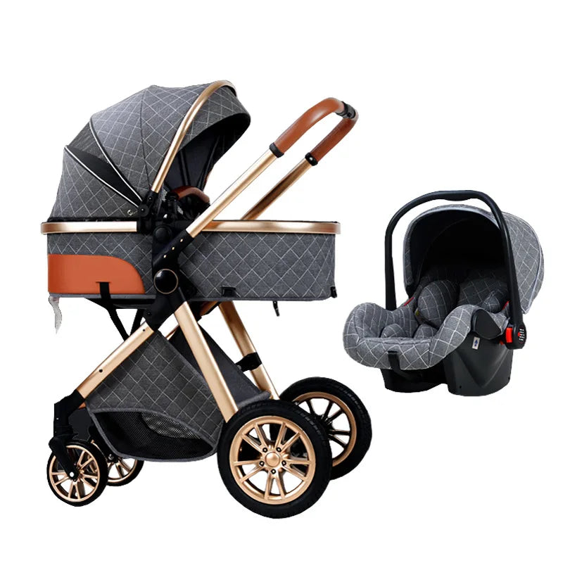 Gray and bronze baby stroller with a quilted pattern, featuring a matching detachable car seat. The stroller has large wheels and a brown handle for easy maneuvering.