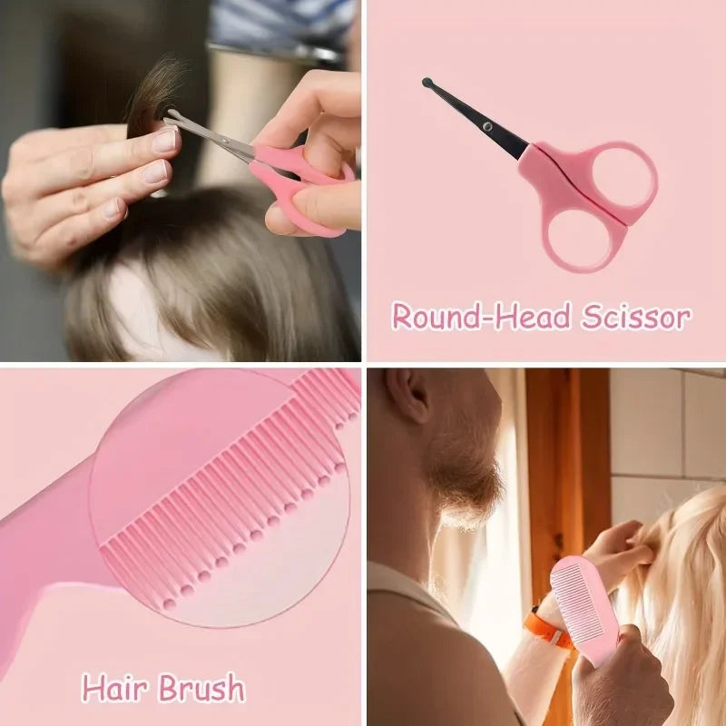 Collage showing a person using pink round-head scissors on hair, a close-up of a pink hairbrush, and a person brushing blonde hair with the same pink brush.