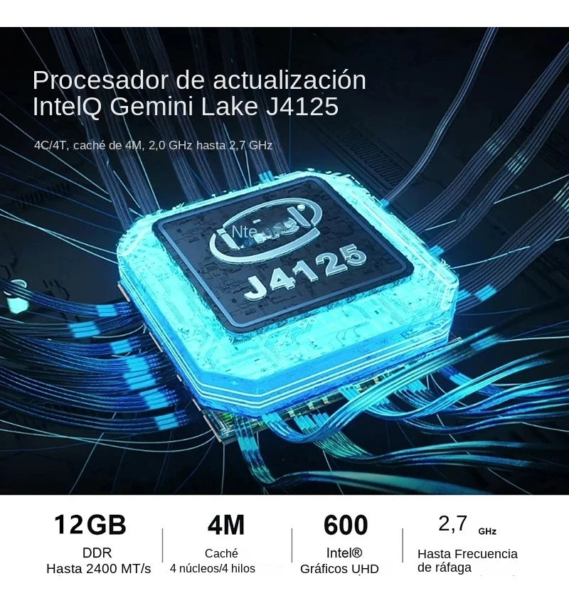 Intel Gemini Lake J4125 processor with specs: 4 cores/4 threads, 4M cache, 2.0-2.7 GHz, 12GB DDR, 2400 MT/s, Intel UHD graphics, glowing with blue light and wire connections.