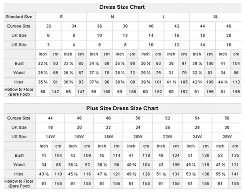 Dress size chart showing standard sizes S to XL and plus sizes 14W to 26W with Europe, UK, US equivalents. Measurements for bust, waist, hips, and hollow to floor in inches and cm.