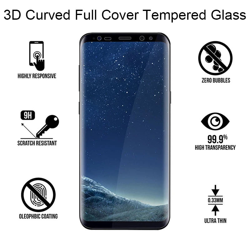 Smartphone with 3D curved tempered glass screen protector, featuring icons for high responsiveness, scratch resistance, oleophobic coating, zero bubbles, and 99.9% transparency.
