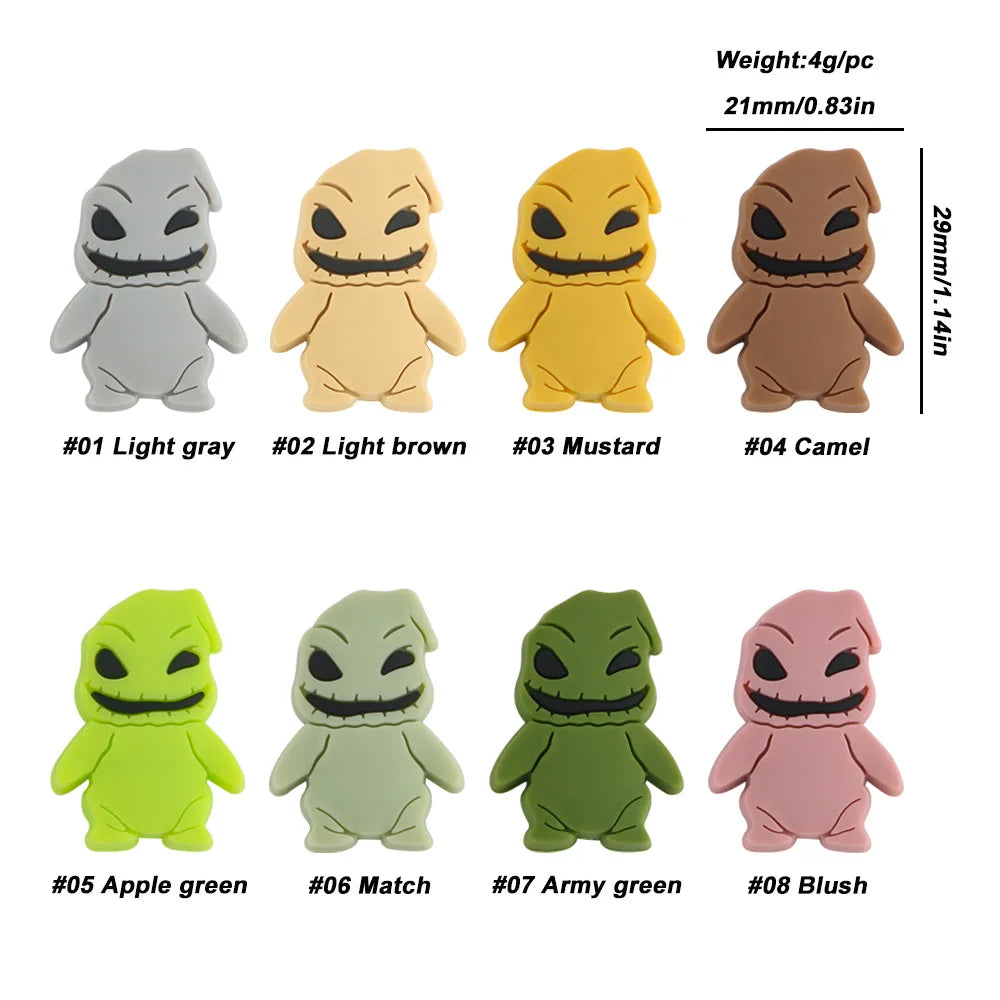 Eight colorful monster-shaped figures with mischievous smiles, labeled by color: light gray, light brown, mustard, camel, apple green, match, army green, and blush.