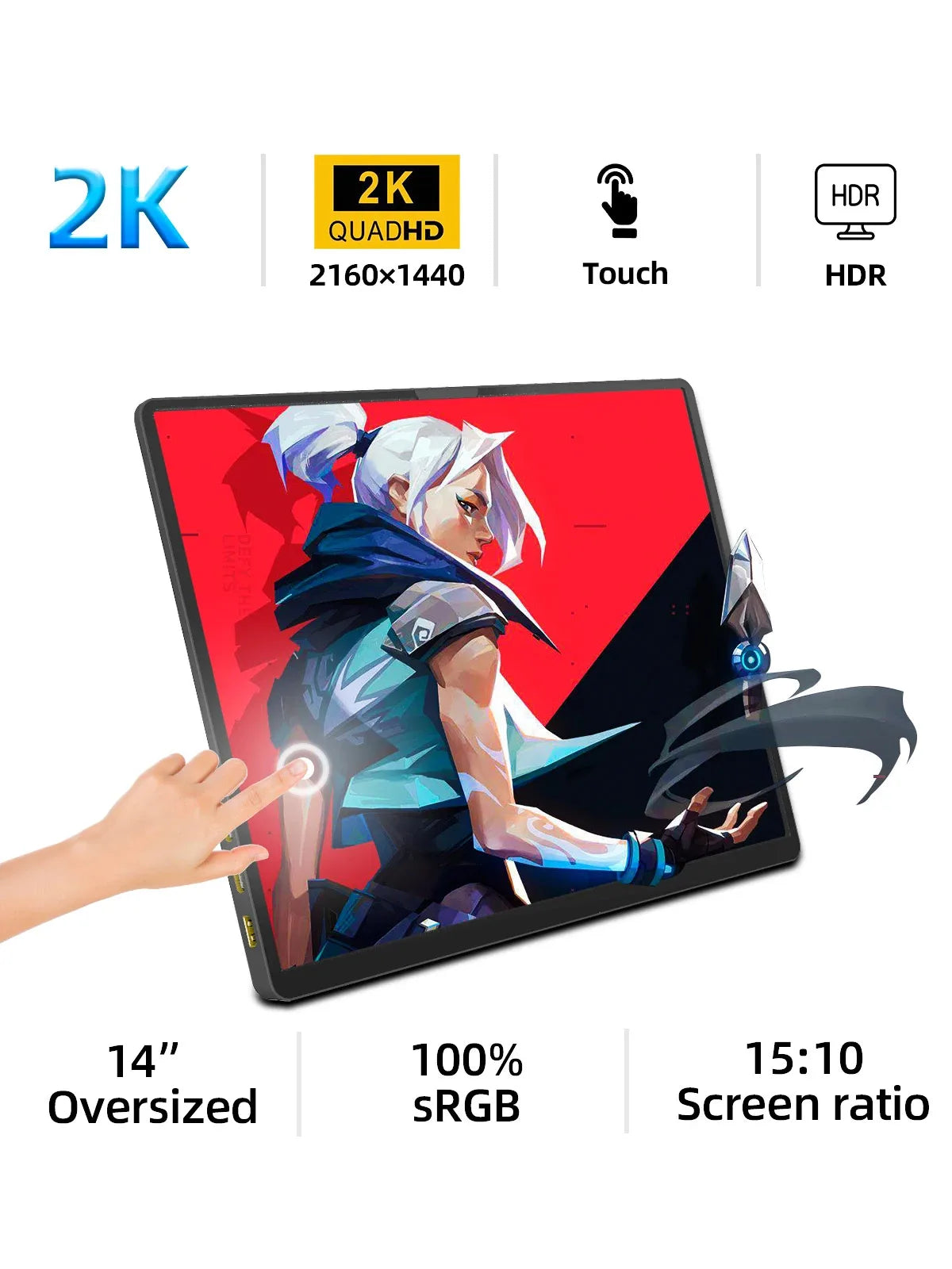 A 14-inch touchscreen tablet displays a colorful character illustration. Key features include 2K resolution, 100% sRGB, 15:10 screen ratio, HDR, and Quad HD 2160x1440.