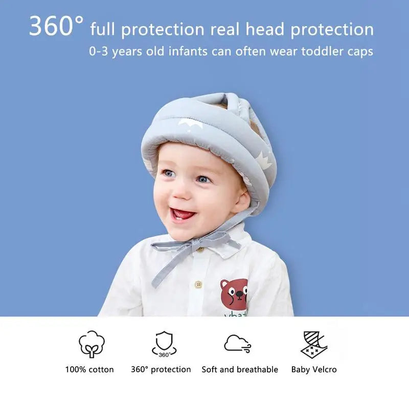 A baby wearing a padded protective helmet smiles, with text promoting 360-degree head protection for infants 0-3 years, highlighting features like cotton material and Velcro closure.