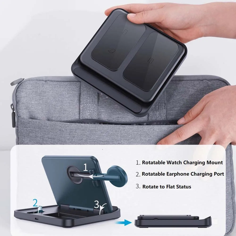 Compact folding charging station being placed inside a grey bag. Features include a rotatable watch charging mount, earphone charging port, and collapsible design for portability.