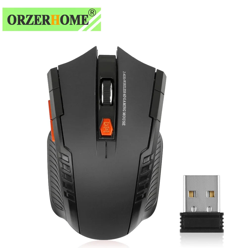 Wireless black gaming mouse with an orange DPI button and textured grips, accompanied by a USB receiver. Upper left corner shows the OrzerHome logo.