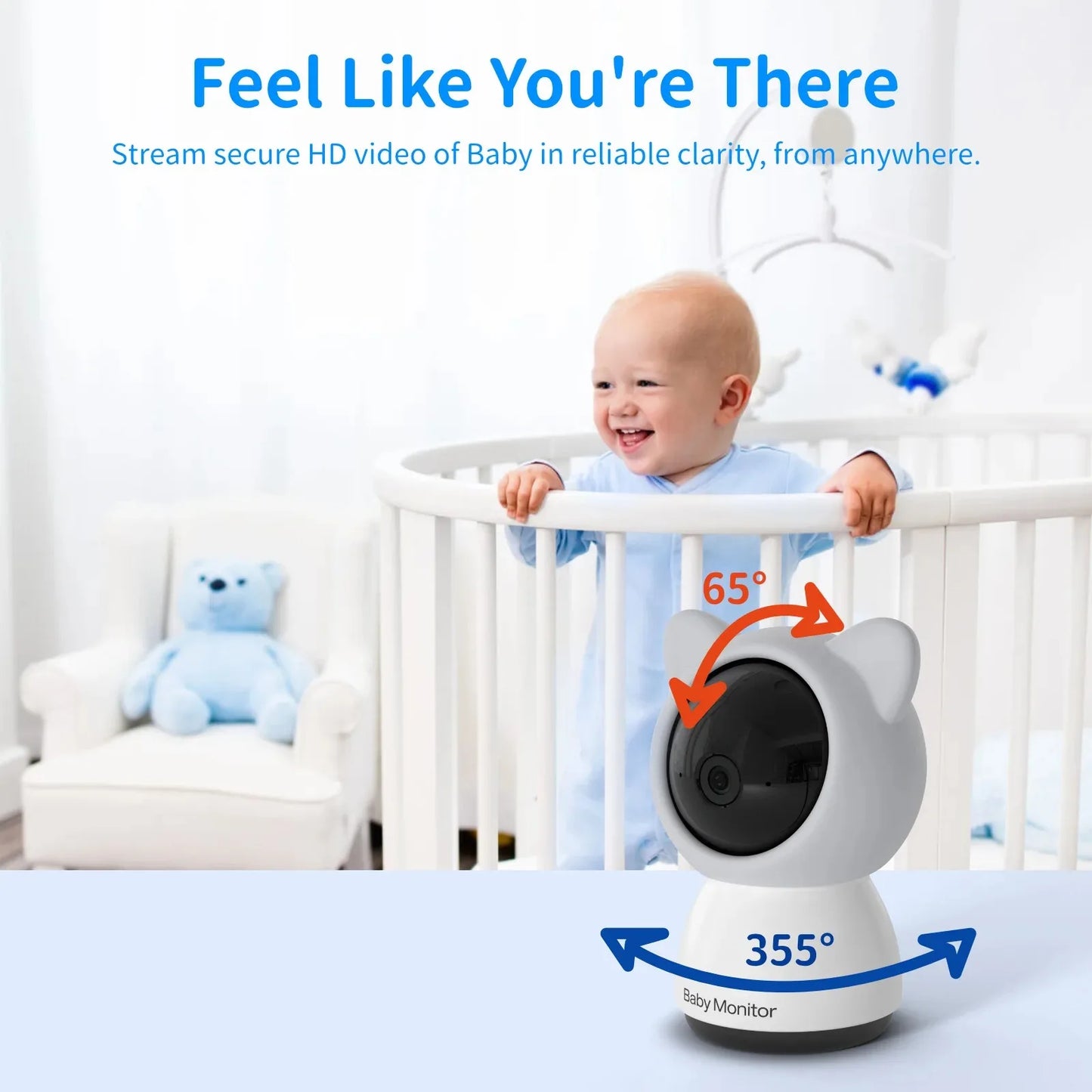 A smiling baby stands in a white crib, next to a cute bear-shaped baby monitor with a 355-degree horizontal and 65-degree vertical rotation, demonstrating its viewing capabilities.