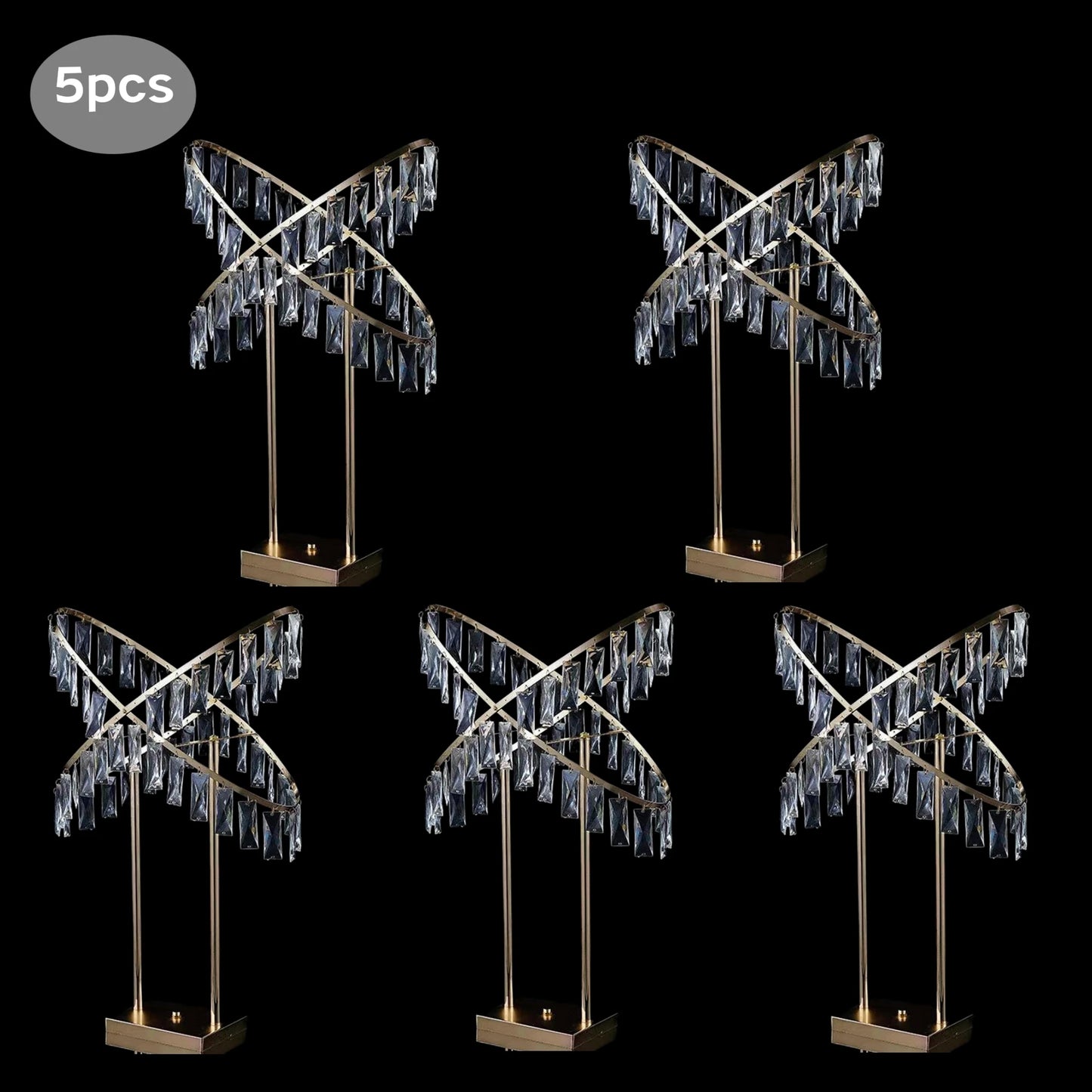 Five gold table lamps with cross-shaped frames adorned with cascading crystal-like ornaments. The lamps are displayed against a black background. "5pcs" is labeled in the corner.