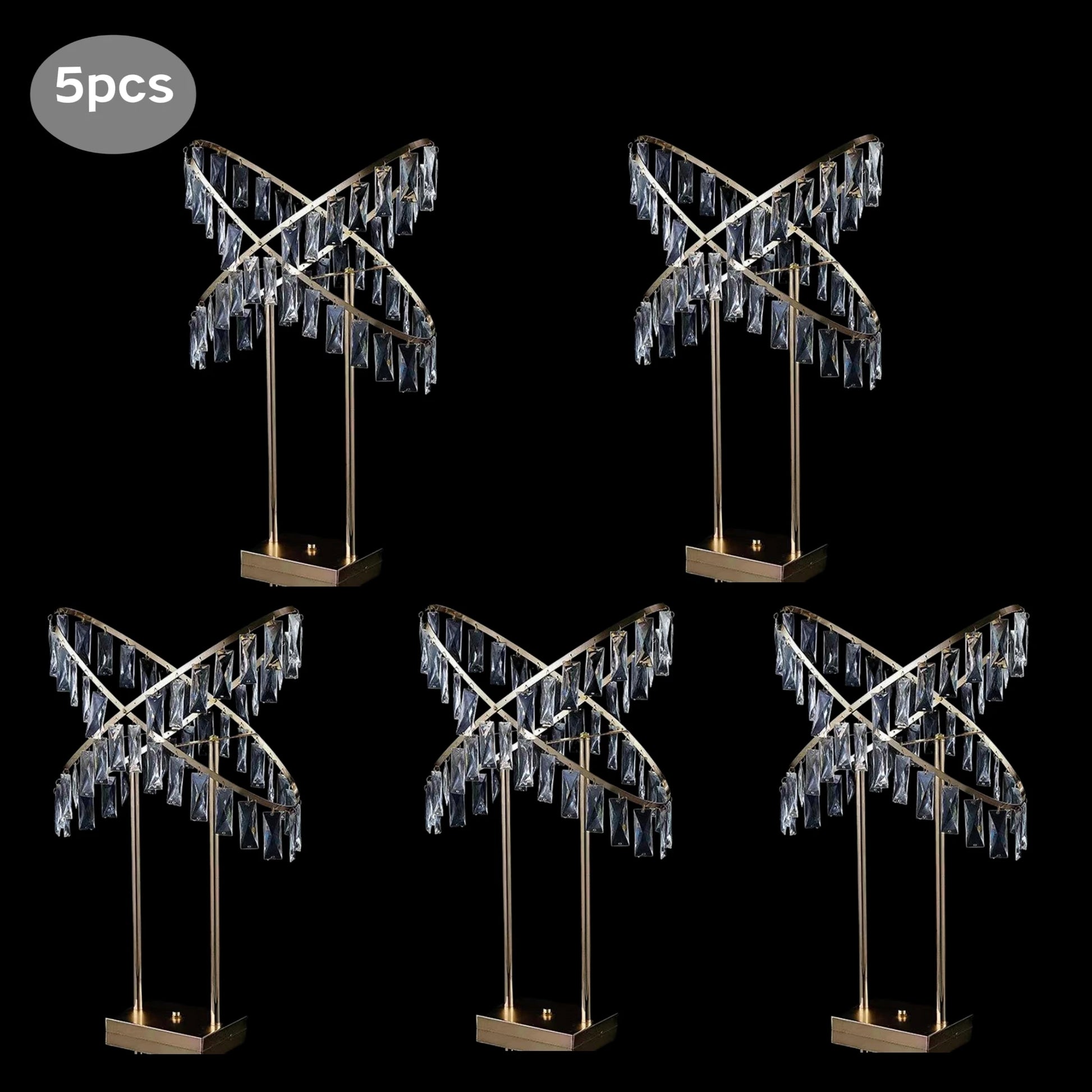 Five gold table lamps with cross-shaped frames adorned with cascading crystal-like ornaments. The lamps are displayed against a black background. "5pcs" is labeled in the corner.
