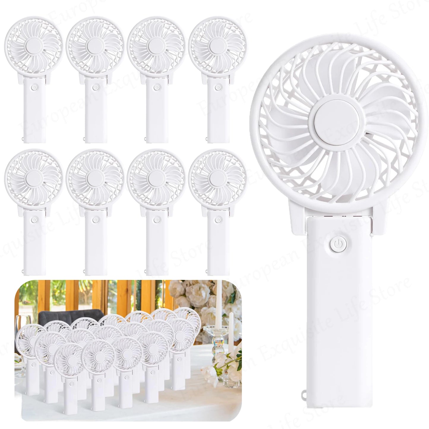 A collection of white handheld battery-operated fans with circular blades are displayed. A close-up of one fan is prominent, and a group of fans is shown on a table setting.