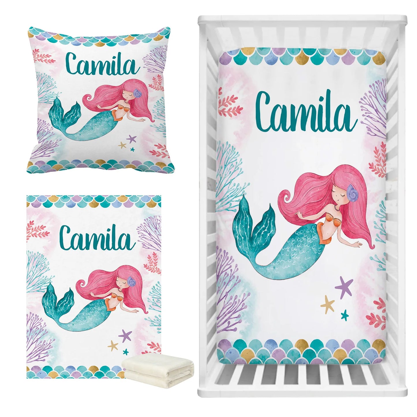 Mermaid-themed nursery set with a pillow, blanket, and crib sheet featuring a pink-haired mermaid. Decorated with colorful scales and sea life, personalized with "Camila."