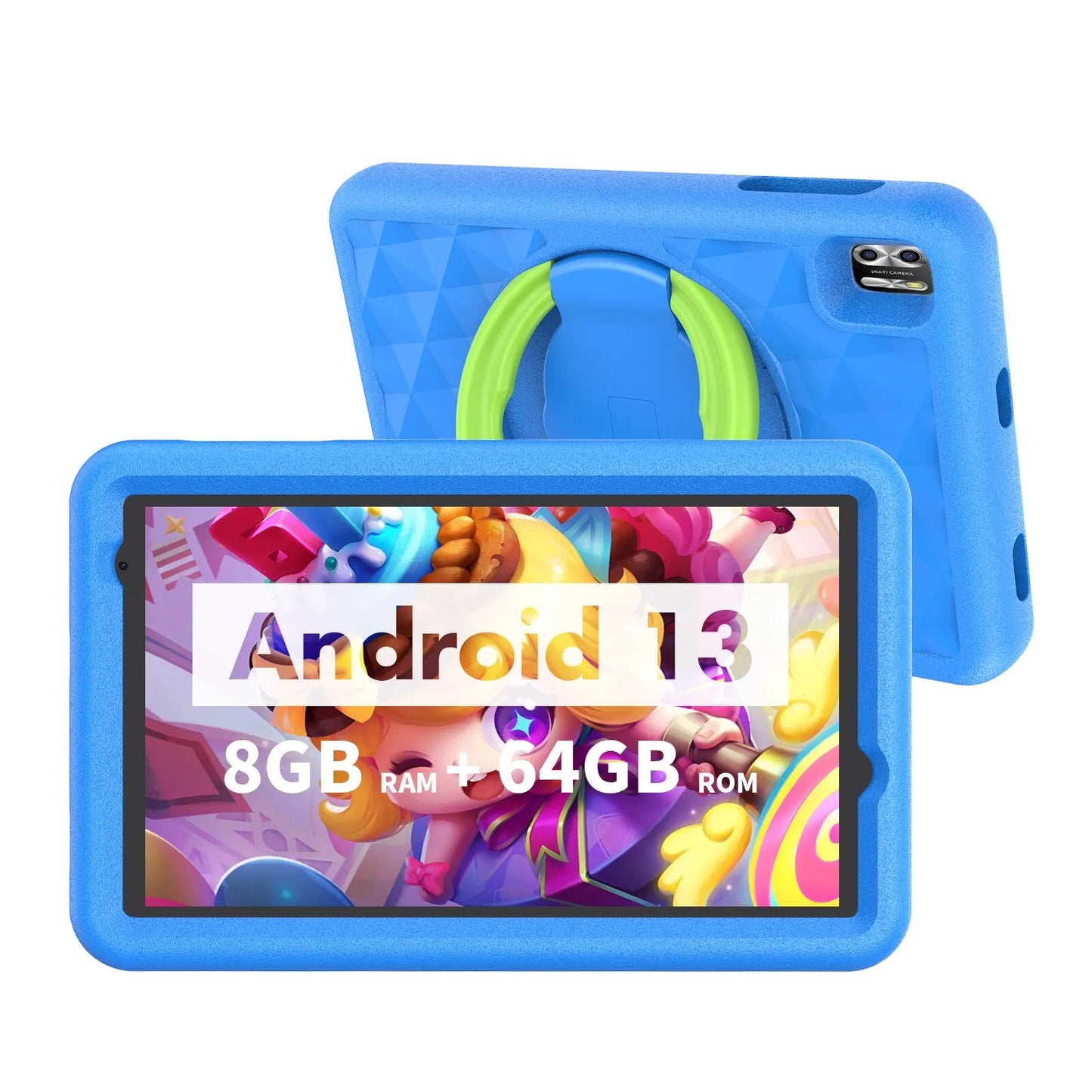 A blue tablet with a colorful game on screen, showcasing "Android 13" text and specs: 8GB RAM, 64GB ROM. The tablet has a green handle on the back.