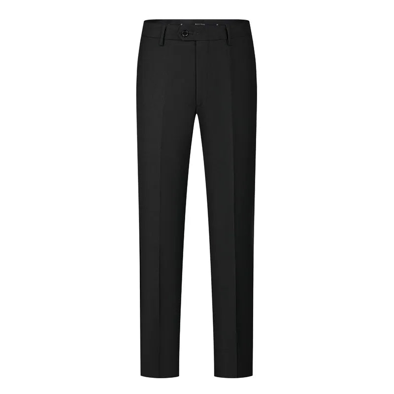 Black tailored dress pants with belt loops and a button closure, shown against a white background. The pants have a sleek, formal design ideal for business or formal occasions.