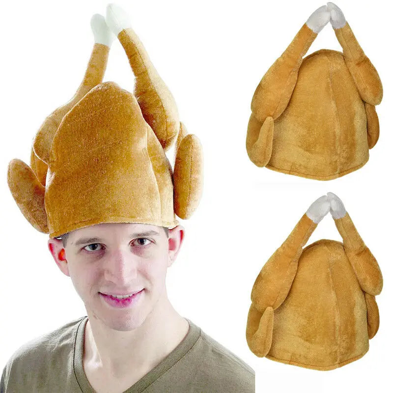 A person wearing a quirky hat shaped like a roasted turkey with drumsticks on top. Side views of the turkey hat are displayed to the right, showcasing the hat's humorous design.