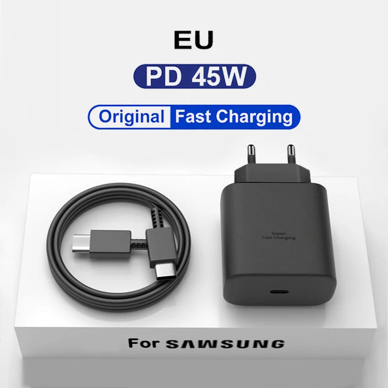 Black EU wall charger and USB-C cable on white box labeled "For Samsung." Text highlights "PD 45W" and "Original Fast Charging."