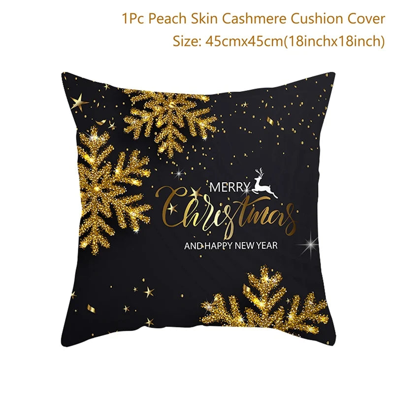Black cushion cover with gold glitter snowflakes and stars, featuring "Merry Christmas and Happy New Year" text and a reindeer. Size: 45cm x 45cm (18in x 18in).