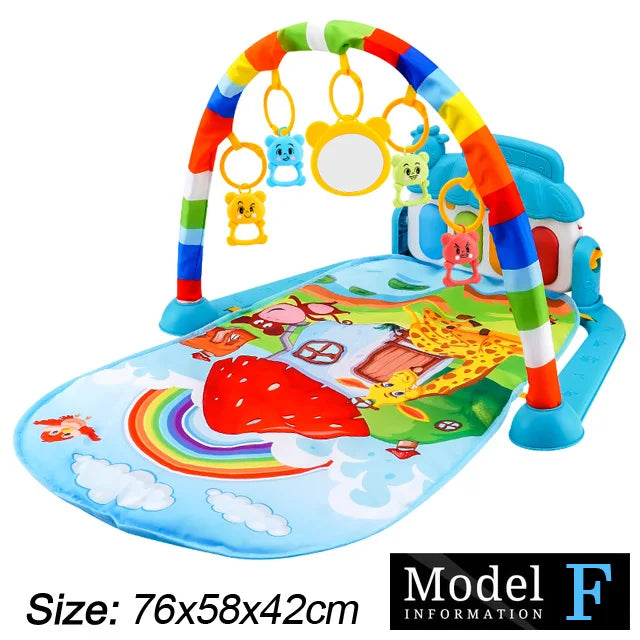 Colorful baby play mat with rainbow design, hanging animal toys, and a mirror. Includes illustrations of a giraffe, rainbow, and strawberry. Size: 76x58x42 cm.