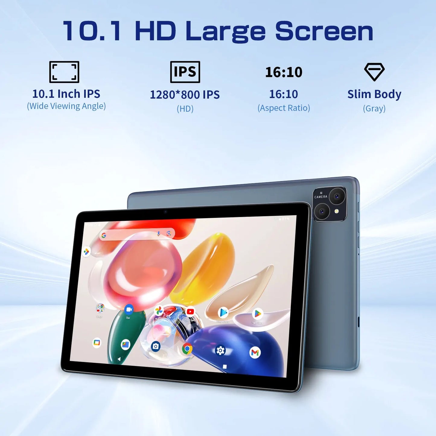 Tablet with a 10.1-inch HD IPS screen, 1280x800 resolution, 16:10 aspect ratio, slim gray body. Display shows colorful app icons on a glossy backdrop.