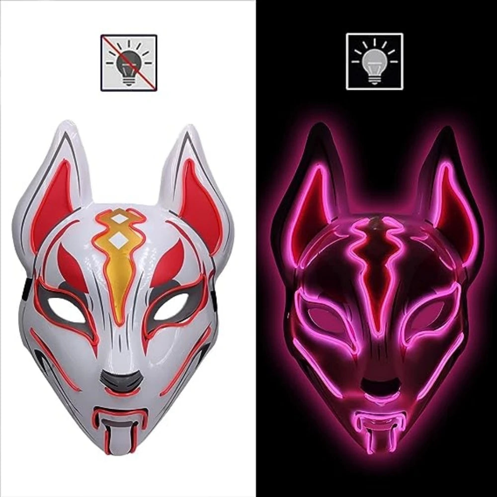 Side-by-side images of a kitsune-inspired mask. Left: white with red and gold details. Right: the same mask glowing in pink neon against a black background.