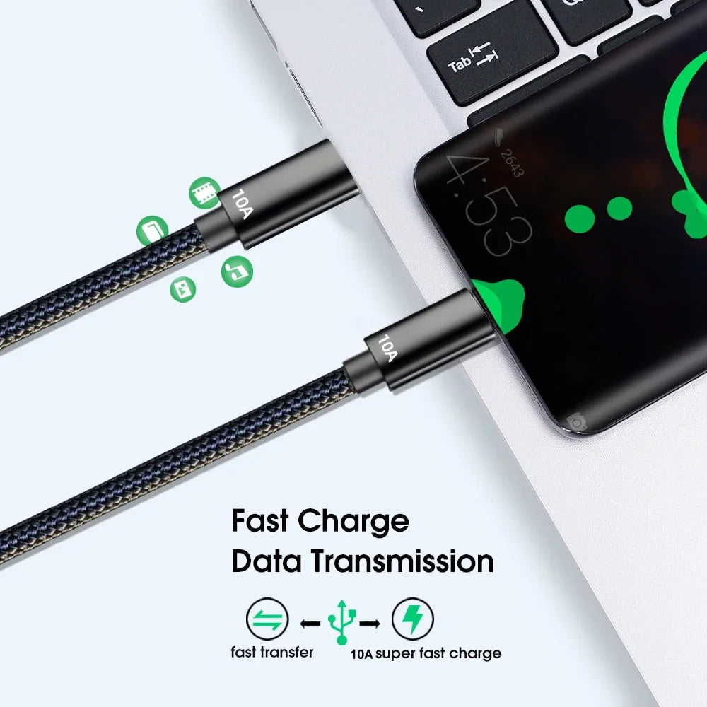Black 10A cables connect a smartphone to a laptop, emphasizing fast charge and data transmission. Icons illustrate transfer, charge, and compatibility with video and music files.