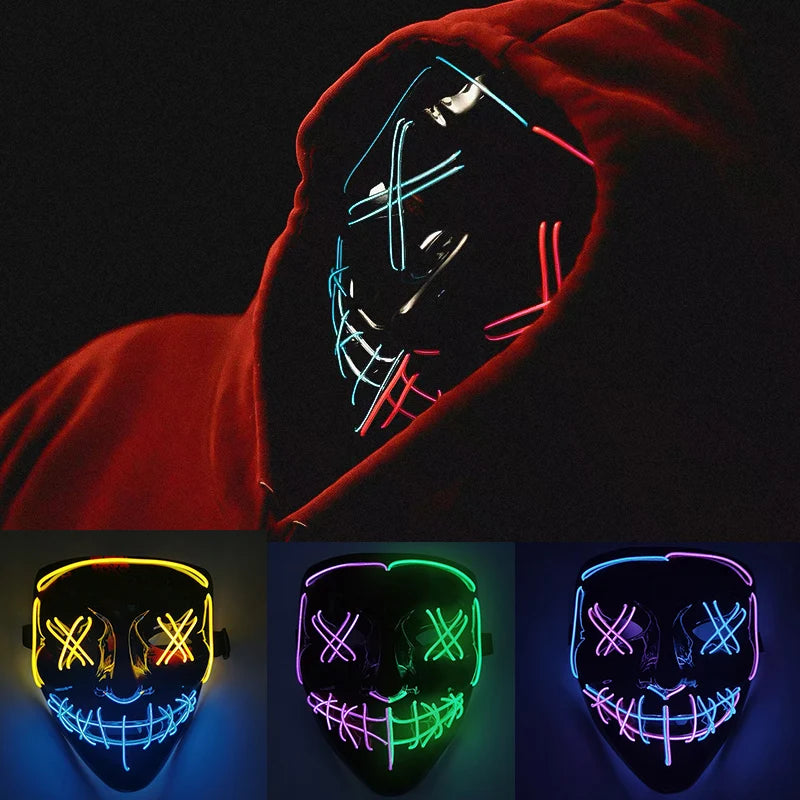 Three neon masks with glowing designs feature cross-eyed patterns and stitched mouths. Each mask displays different colors, including red, blue, yellow, green, and purple.
