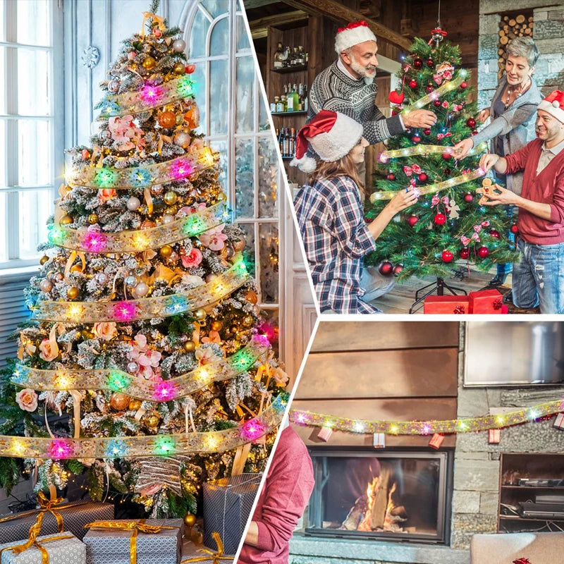 Christmas collage with a decorated tree adorned with colorful lights and ornaments, a group joyfully trimming another tree, and a cozy fireplace lined with festive lights.