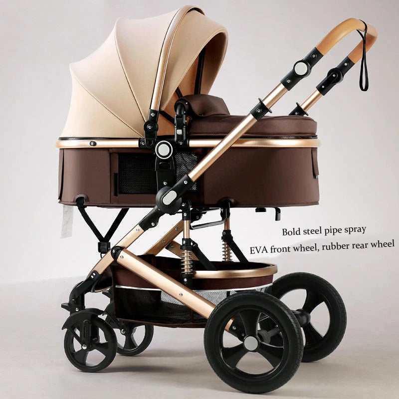 A beige and brown baby stroller with a canopy, featuring a sturdy steel frame, EVA front wheels, and rubber rear wheels, designed for comfort and durability.