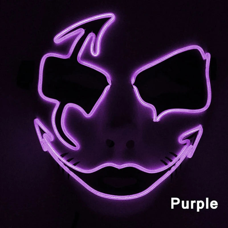 Purple LED mask with glowing outlines featuring sinister eyes and a wide, menacing grin, set against a dark background. The word "Purple" is visible in the corner.